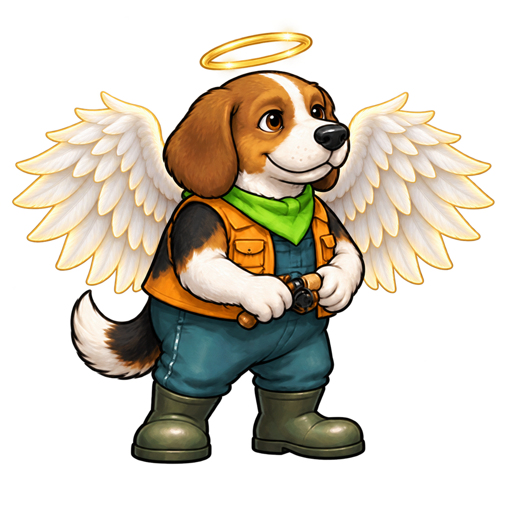 Duke is an example of a finished custom pet angler. Your character is made from your own pet photos.