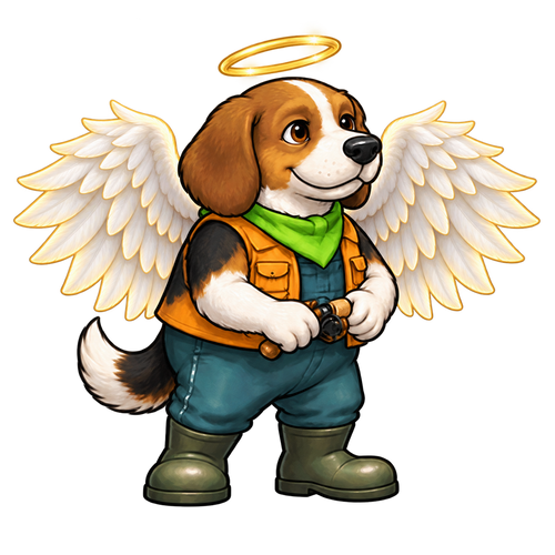 Duke is an example of a finished custom pet angler. Your character is made from your own pet photos.