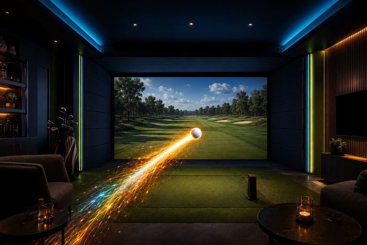 Golf simulator bay with an asteroid golf ball trail