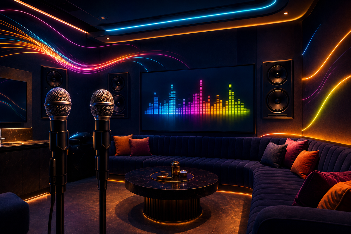Private karaoke room with colorful lighting
