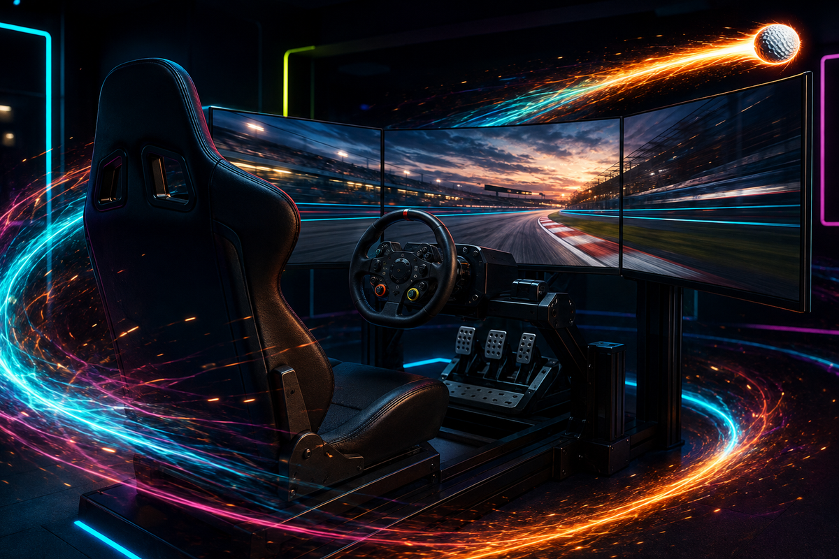 Racing simulator cockpit with comet light trails